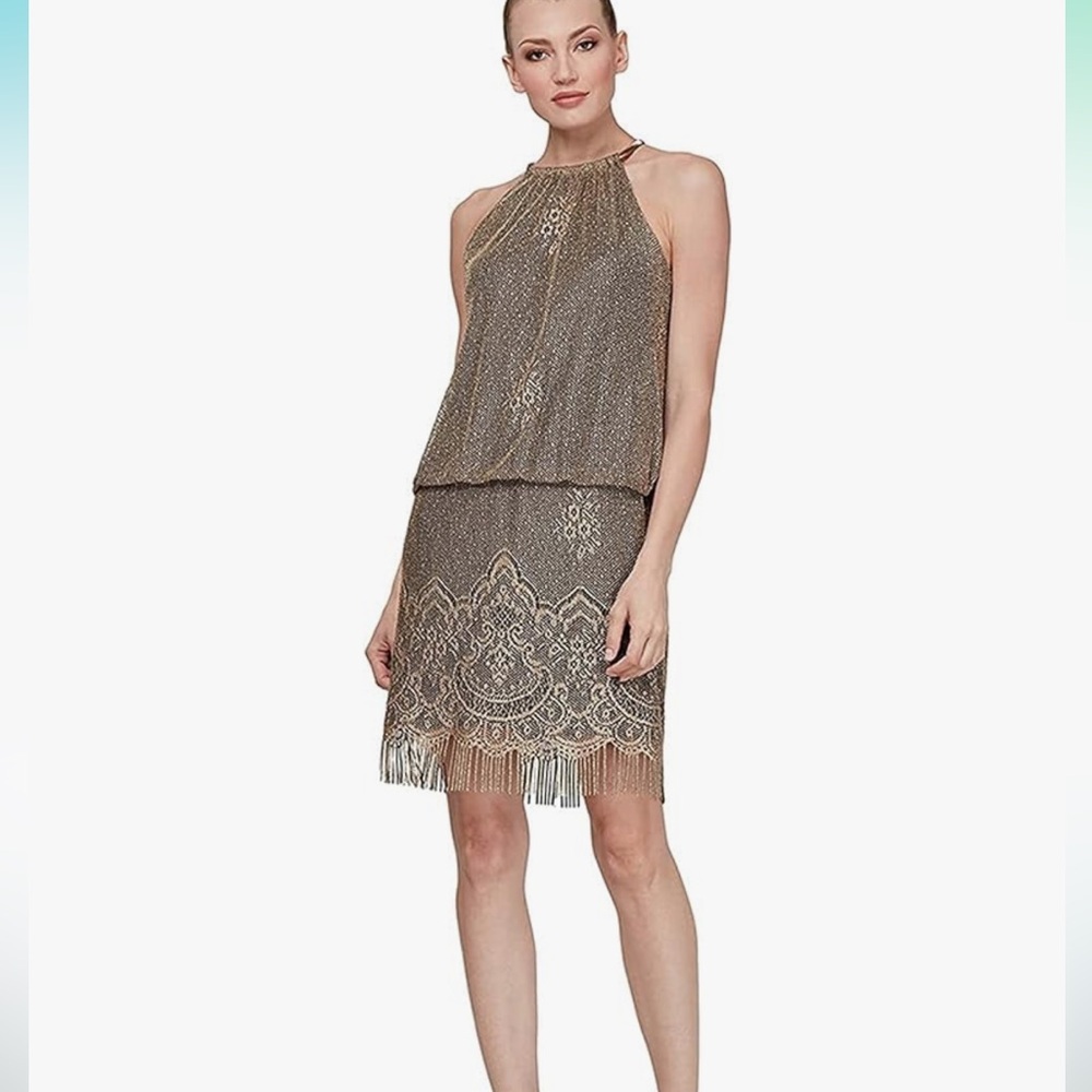 NWT SLNY Gold Fringe Flapper Dress